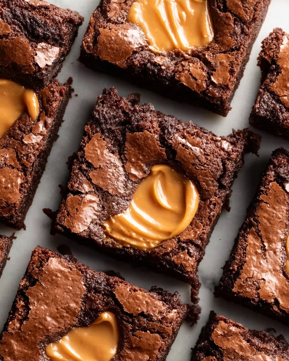 This image shows several square chocolate brownies arranged closely together on a white marbled surface, each with one layer. The brownies have a dark brown, cracked, and slightly shiny top layer with a soft-looking texture inside. In the center of each brownie, there is a smooth, round pool of light brown creamy peanut butter slightly melted and pressed down with fork marks, creating ridges. The contrast between the dark chocolate and light peanut butter makes the brownies look rich and inviting. Photo taken with an iphone --ar 4:5 --v 7