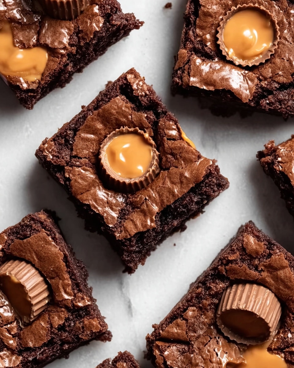 The image shows several square-shaped brownies arranged neatly on a white marbled surface. Each brownie has one layer of dense, dark brown chocolate with a slightly cracked, glossy top texture. Nestled in the center of each brownie is a single round peanut butter cup, light brown with a smooth, shiny surface and some with subtle ridges. The peanut butter cup sits slightly sunk into the brownie, creating a contrast between the dark chocolate and creamy peanut butter tones. Shadows cast by the brownies add depth to the image. Photo taken with an iphone --ar 4:5 --v 7