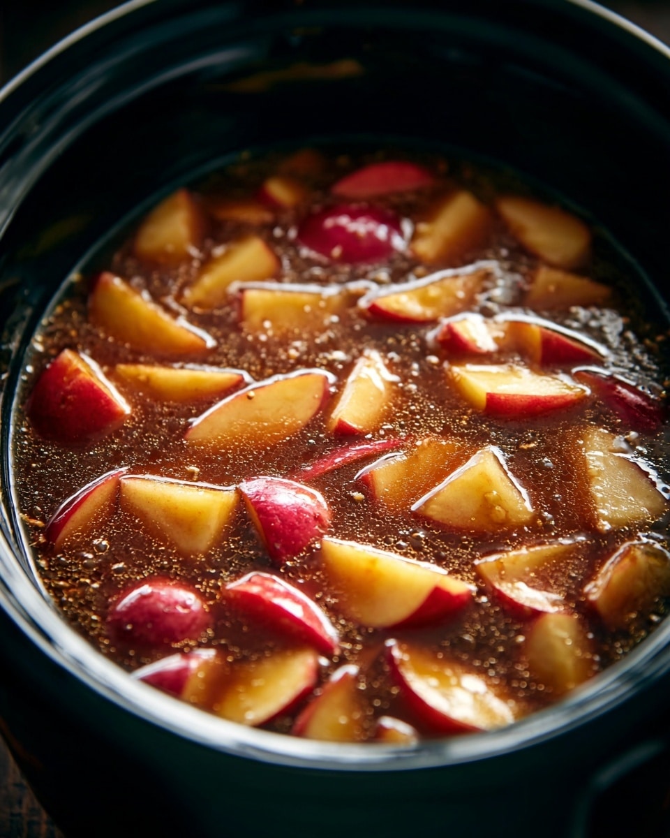 A white ramekin filled with several chunky pieces of cooked apples coated in a shiny, thick brown sauce, sprinkled evenly with fine cinnamon powder; the apple pieces show a mix of light yellow and slight reddish skin patches, with a soft and tender texture visible, sitting on a white marbled surface. photo taken with an iphone --ar 4:5 --v 7