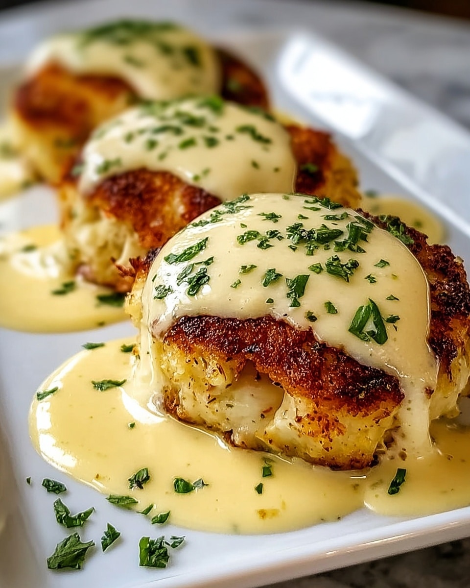 The image shows three golden-brown, crispy crab cakes placed in a row on a white square plate. Each crab cake is generously topped with a creamy light yellow sauce that drips slightly down the sides. The tops of the crab cakes and sauce are sprinkled with finely chopped green herbs for color contrast. The texture of the crab cakes looks crunchy on the outside with a soft, creamy inside visible near the front crab cake. The plate sits on a white marbled surface, and the photo is taken close up to focus on the rich texture and details of the crab cakes and sauce. photo taken with an iphone --ar 4:5 --v 7