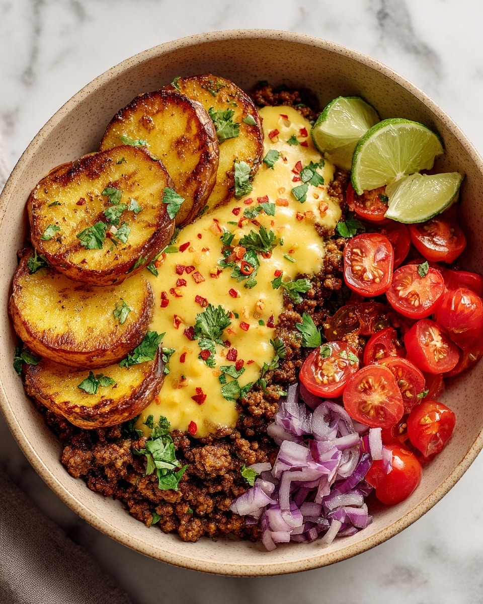 This dish is served in a beige bowl with a smooth texture, placed on a white marbled surface with lime wedges nearby. It has five visible layers arranged side by side: on the left, there is a layer of browned, crumbly cooked ground beef with small green herbs mixed in; next to it are three thick, golden-brown roasted potato slices with a crispy texture; in the center, a creamy yellow sauce with red flakes is drizzled over the beef and potatoes; to the right of the sauce, there is a layer of chopped red onions with a slight purple tint; and on the far right, a pile of bright red quartered cherry tomatoes. The whole dish is garnished with chopped fresh green cilantro, adding vibrant color on top. Photo taken with an iphone --ar 4:5 --v 7