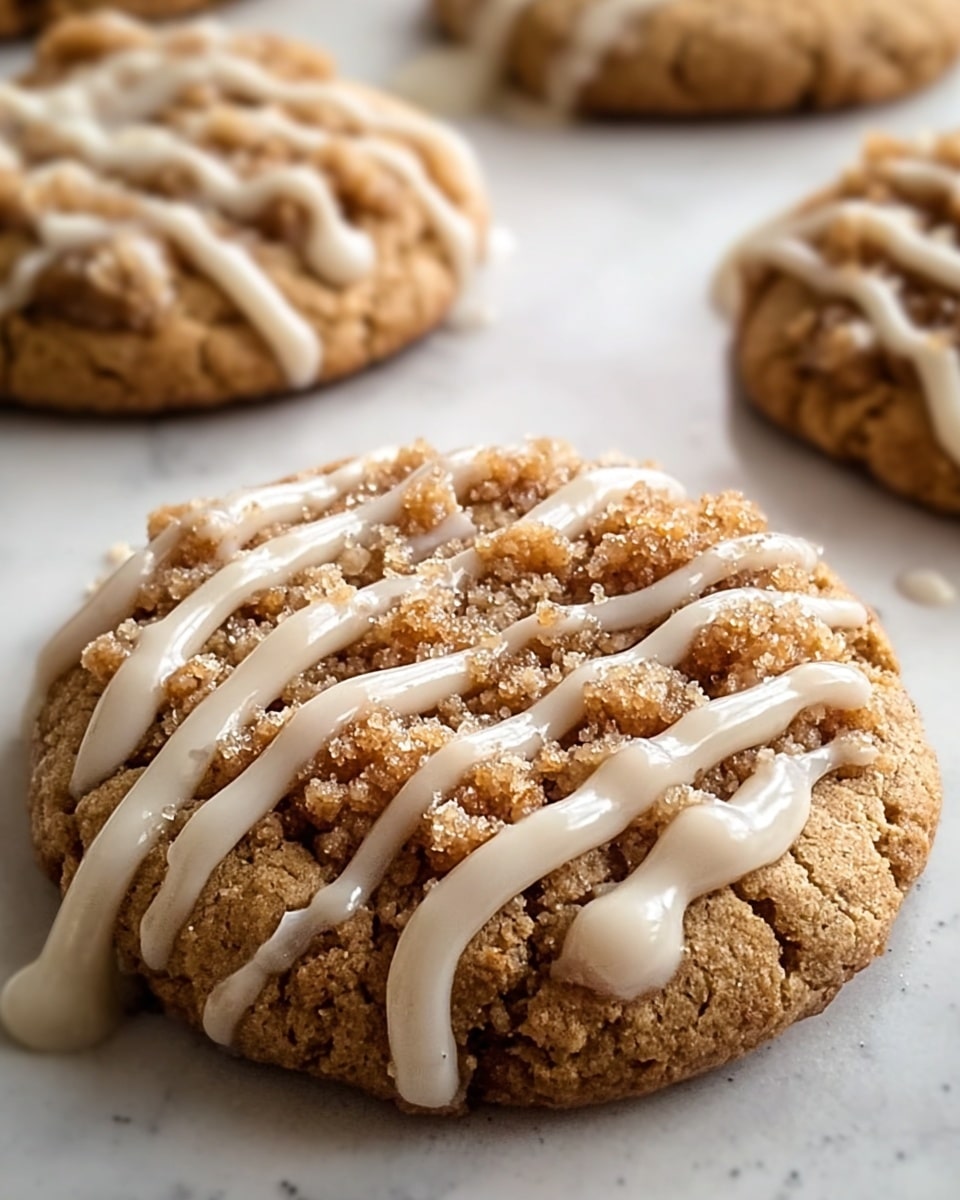 A close-up view of a single cookie resting on a white marbled surface, showing two main layers: the base is a soft, light brown cookie with a rough, cracked texture, and the top layer is a crumbly streusel-like topping of a slightly darker brown color scattered unevenly on the cookie. A drizzle of thick, creamy white icing flows over the crumbly topping in loose, looping lines that shine slightly under the light. In the blurred background, two more cookies of the same kind can be seen, also set on the white marbled surface. photo taken with an iphone --ar 4:5 --v 7