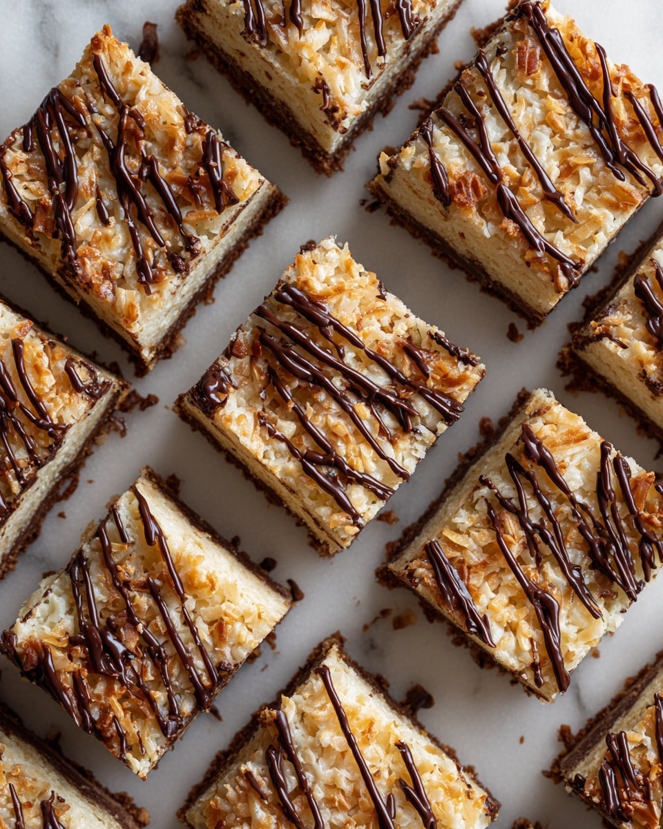 This image shows a batch of square-shaped bars arranged closely on a white marbled surface. The bars have three visible layers: the bottom layer is a slightly dark brown crust, the middle layer is thick and covered with toasted coconut flakes giving a golden brown and textured look, and the top layer features diagonal dark chocolate drizzle stripes across each bar. The edges show some sticky caramel dripping onto the surface, adding a glossy effect. The bars are cut evenly into 18 pieces, each showing the crispy, textured top and firm base. photo taken with an iphone --ar 4:5 --v 7