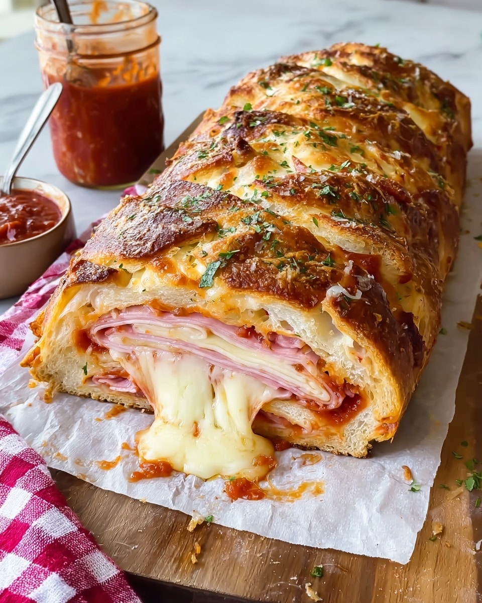 A golden brown baked stuffed bread loaf is sliced open on white parchment paper over a wooden board. The loaf has a crispy crust sprinkled with green herbs and melted cheese on top. Inside, visible layers show thin pale pink ham slices, bright red tomato sauce, and gooey white melted cheese that stretches slightly from the cut. A glass jar with red sauce and a spoon is in the background on a white marbled surface, along with a red and white checkered cloth. Photo taken with an iphone --ar 4:5 --v 7