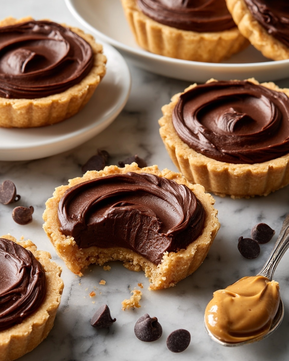This image shows several small dessert cups arranged on a white marbled surface. Each cup has two layers: the bottom layer is a light brown, crumbly cookie crust forming a cup shape, and the top layer is a smooth, glossy dark chocolate filling swirled into a peak. Around the cups, there are scattered dark chocolate chips. A silver spoon rests on the surface, holding a swirl of creamy light brown peanut butter. The whole scene is softly lit, focusing on the texture and shine of both chocolate and peanut butter. photo taken with an iphone --ar 4:5 --v 7