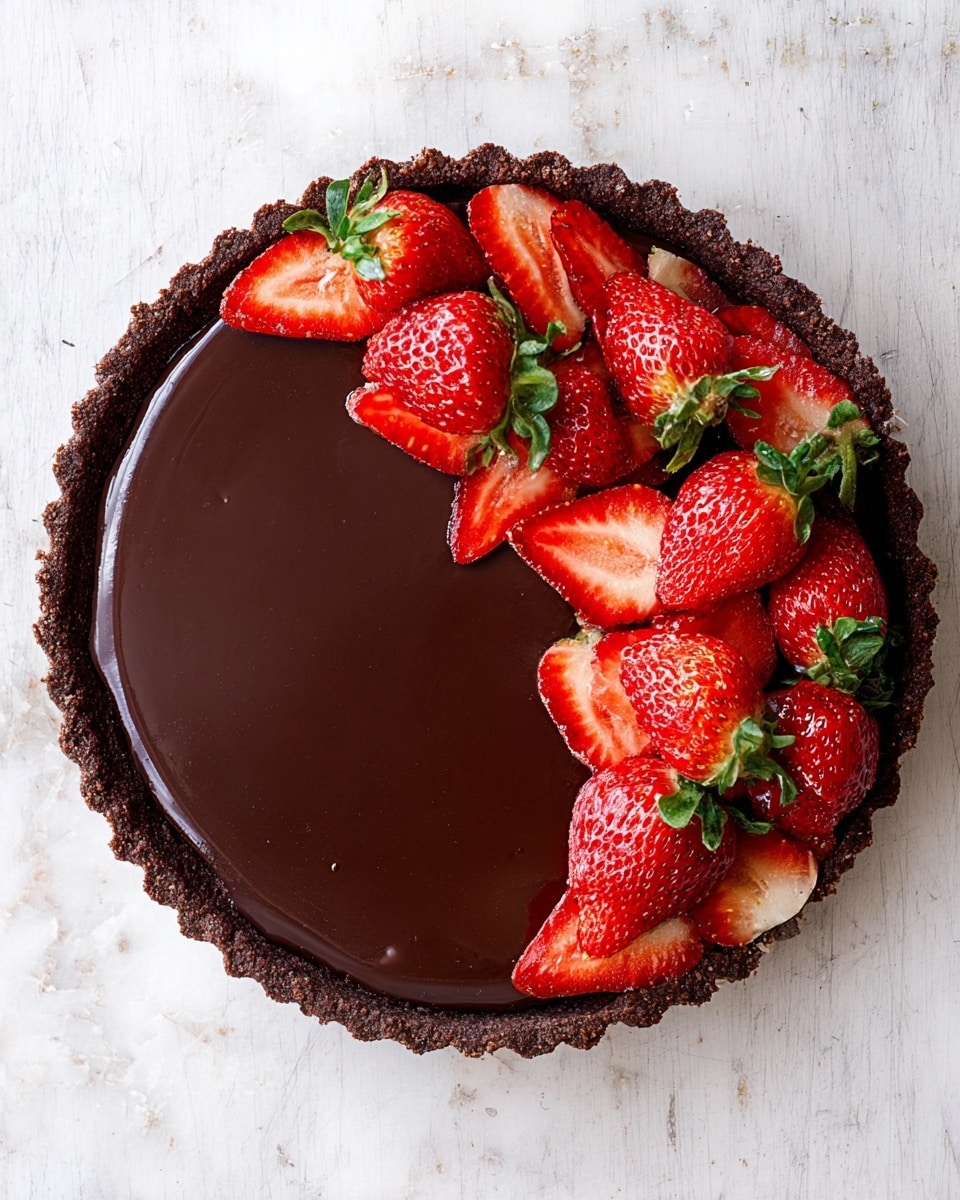 A chocolate tart with a thick, dark brown crust forms the bottom layer, holding a smooth, glossy dark chocolate ganache filling that covers the entire tart evenly. On top, there is a generous layer of fresh, bright red strawberries, some whole with green leaves and others halved, placed closely together across the surface. Dark chocolate is drizzled lightly over the strawberries and tart edges, creating thin, shiny lines and small drops around the white marbled surface underneath. One slice is cut and slightly separated, showing the smooth ganache layer beneath the strawberries clearly. Photo taken with an iphone --ar 4:5 --v 7