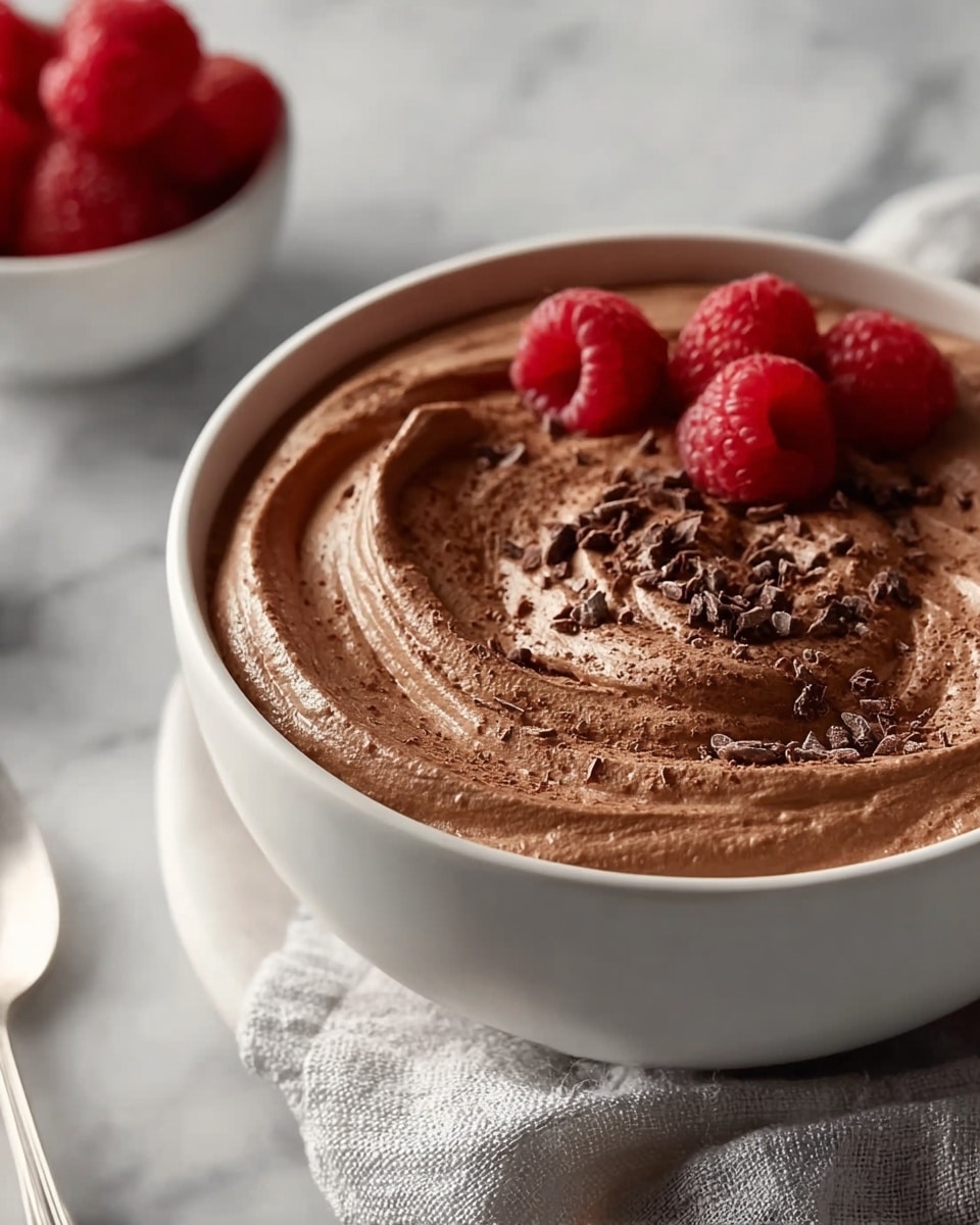 A close-up view of a white bowl filled with a smooth, thick, and creamy chocolate mousse that has a light, airy texture with swirls on the surface. The mousse is topped with a few whole red raspberries placed on one side and sprinkled with small dark chocolate shavings and cocoa powder, adding texture and color contrast. The bowl is set on a white marbled surface with part of a textured light gray cloth visible near the bowl. In the background, there is a small white bowl holding additional red raspberries. photo taken with an iphone --ar 4:5 --v 7