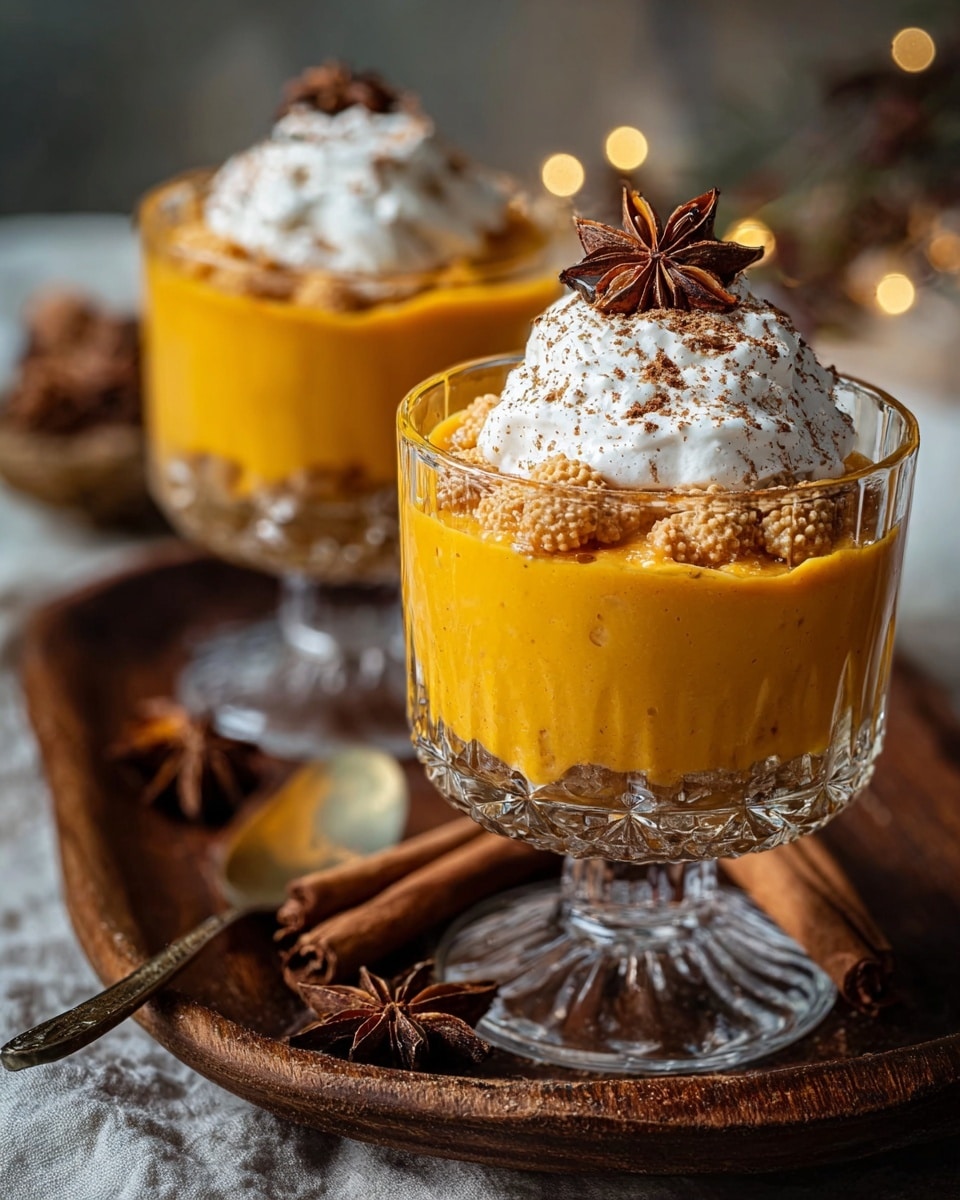 A clear glass dessert cup holds a three-layer dessert: the bottom layer is a rough-textured, brown crumb base; the middle layer is a smooth, bright orange pumpkin mousse; and the top layer is a dollop of white whipped cream sprinkled with brown cinnamon powder and topped with walnut pieces. The cup is placed on a white plate with a silver spoon beside it, all set on a round wooden tray. Around the tray are a few cinnamon sticks and cardamom pods on a white marbled surface. In the background, another similar dessert cup and a bowl of whole walnuts are softly blurred. photo taken with an iphone --ar 4:5 --v 7