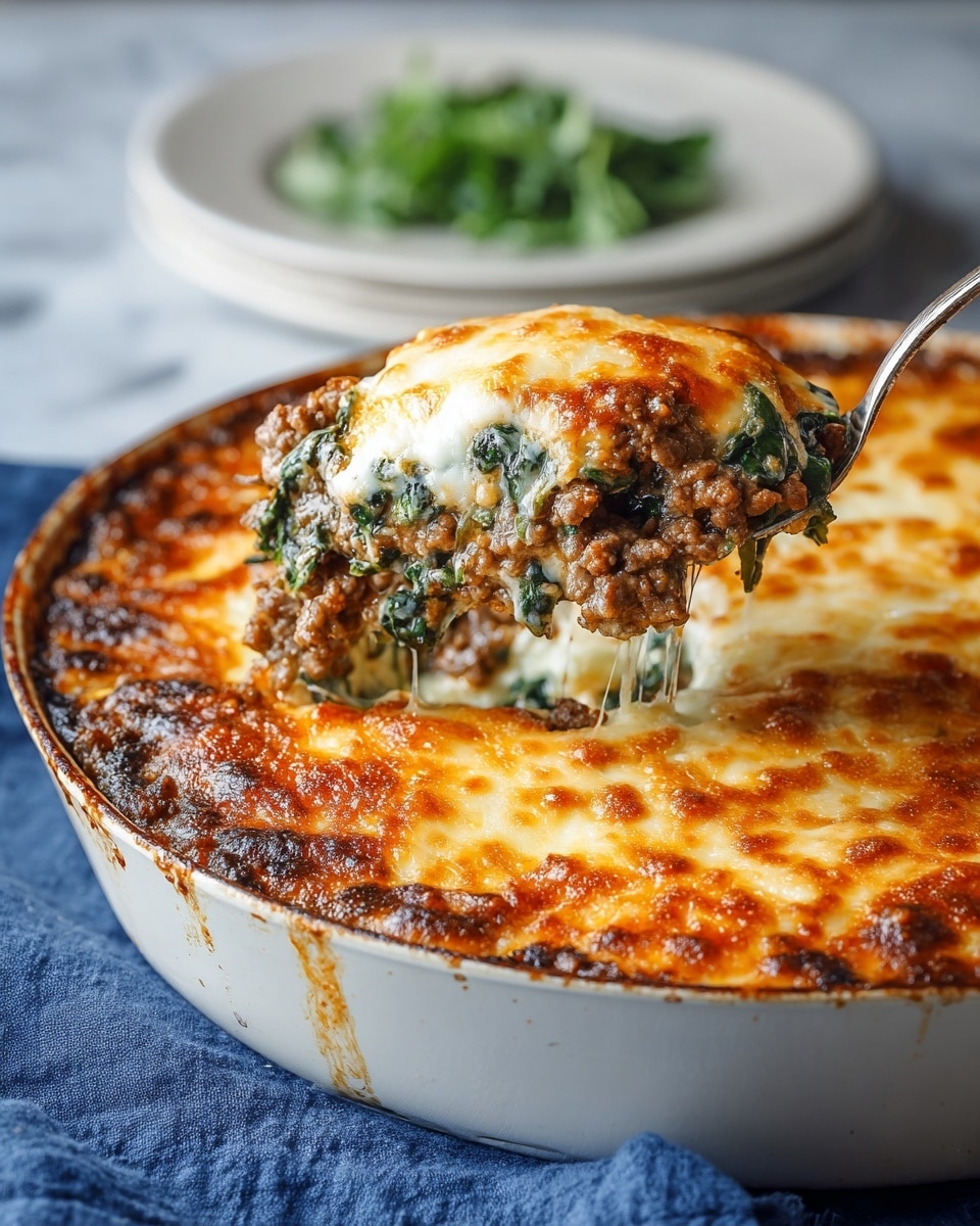 A white baking dish holds a cooked layered casserole with a top layer of melted, golden-brown cheese that looks bubbly and slightly crispy at the edges. A spoon lifts a portion, showing layers underneath: a layer of cooked ground meat mixed with green spinach, and a gooey layer of white melted cheese beneath it, creating a mix of brown, green, and creamy white colors. The dish sits on a blue cloth, and behind it, there is a blurred white plate with some green garnish against a white marbled background. Photo taken with an iphone --ar 4:5 --v 7