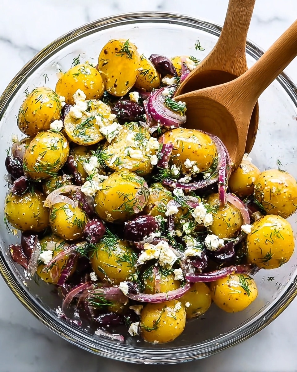 The image shows a clear glass bowl filled with a multi-layered potato salad. The main layer consists of small yellow baby potatoes, some whole and some cut in halves, with a glossy texture. Mixed throughout are thin slices of purple-red onion and pieces of dark purple olives. Small white crumbles of feta cheese are spread evenly across the salad. Green sprigs of fresh dill are scattered on top and within the salad, adding a bright green color. Two wooden spoons are dipped into the bowl from the right side, slightly stirring the ingredients. The bowl rests on a white marbled surface. photo taken with an iphone --ar 4:5 --v 7