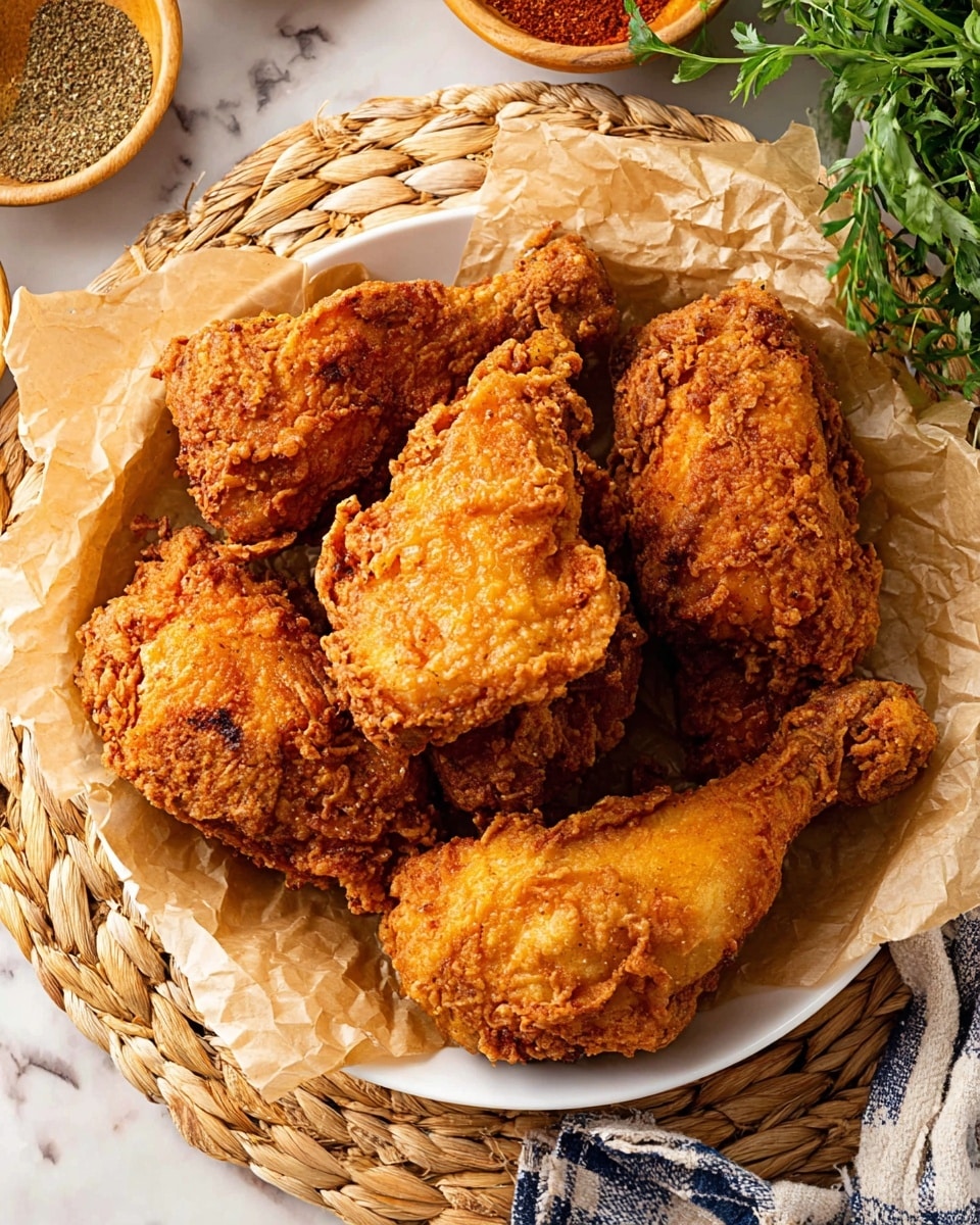 A white plate holds six pieces of golden-brown fried chicken arranged closely together on top of a sheet of crinkled light brown parchment paper; the chicken pieces show a crunchy, textured coating with crispy edges and are various cuts, including drumsticks and wings with darker spices scattered across the surface. The plate sits on a woven mat, surrounded by bowls of spices and some fresh green herbs, all set against a white marbled texture. photo taken with an iphone --ar 4:5 --v 7