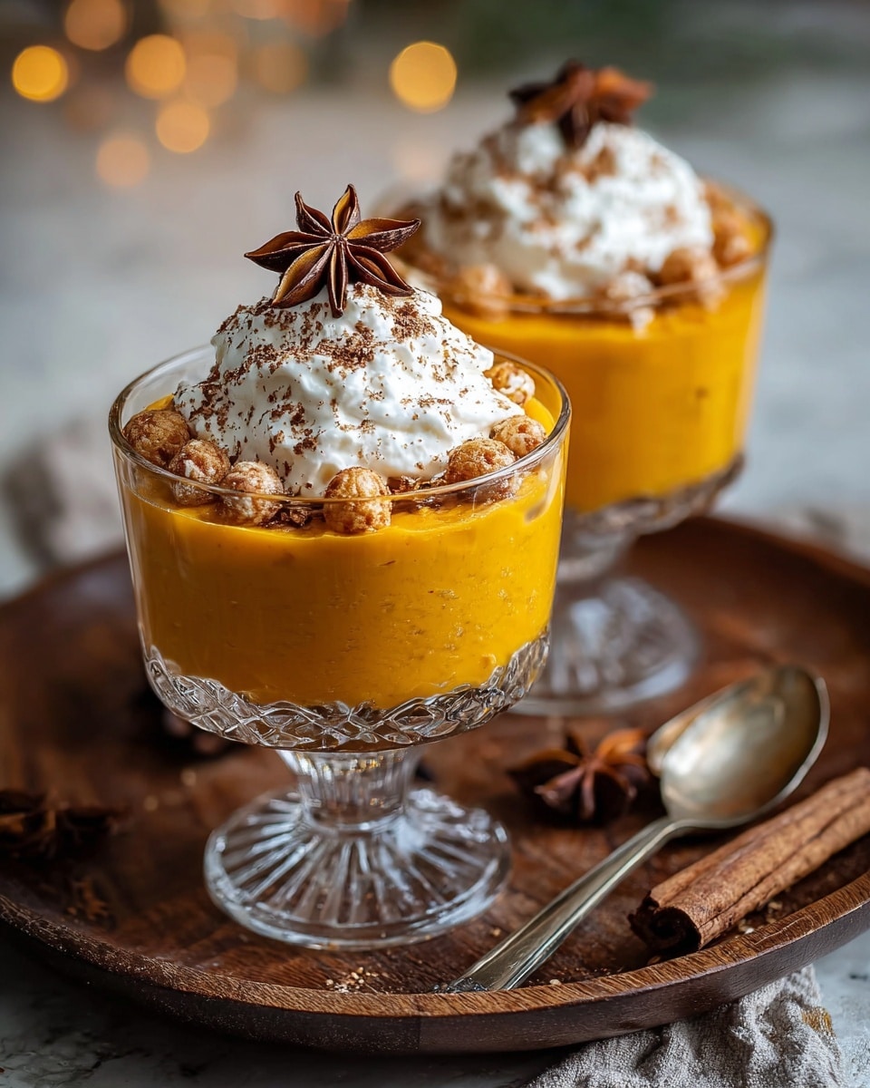 The image shows two glass dessert cups placed on a dark wooden tray over a white marbled texture. Each glass has a thick, smooth bright orange layer of pumpkin or sweet potato pudding filling most of the cup. On top of the orange layer sits a dollop of white whipped cream with a slightly uneven texture. Around the base of the whipped cream, small round crispy puffs are scattered. The whipped cream is sprinkled with brown cinnamon powder, and a whole star anise is placed on top as decoration. The scene includes cinnamon sticks and star anise on the tray, with soft, blurred warm light in the background. photo taken with an iphone --ar 4:5 --v 7