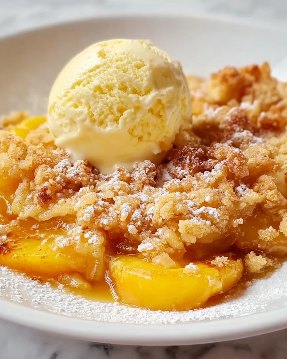 The image shows a warm dessert in a white plate, starting with a base layer of soft, golden-yellow cooked peach slices that are juicy and slightly translucent. Over this fruit layer lies a crumbly light brown topping that looks crispy with a rough texture, sprinkled lightly with white powdered sugar. On the top center, there is a single round scoop of pale yellow vanilla ice cream with a smooth, creamy surface slightly melting around the edges. The plate sits on a white marbled surface. Photo taken with an iphone --ar 4:5 --v 7