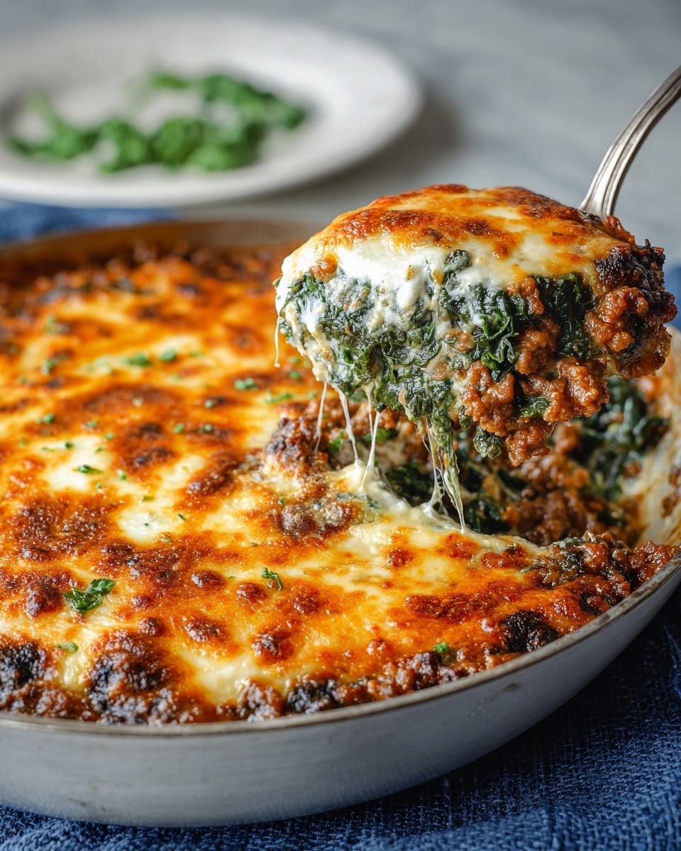 The image shows a white metal pan filled with a baked dish featuring three visible layers: a bottom layer of cooked ground meat with brown and slightly crispy bits, a middle layer of bright green leafy spinach mixed with melted white cheese, and a top layer of golden brown melted cheese with some darker toasted spots, creating a bubbly crust. The pan rests on a blue textured cloth, and in the background, there's a white plate with blurred green garnish on a white marbled surface. A silver spoon is scooping a portion of the dish, lifting the layers to reveal gooey, stretchy cheese and rich meat and spinach mix inside. photo taken with an iphone --ar 4:5 --v 7