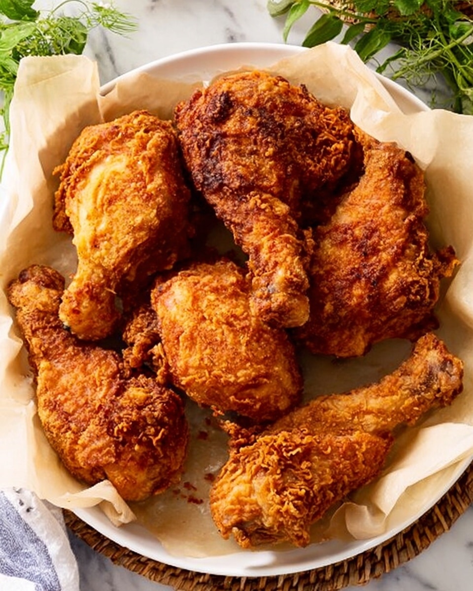 A white plate lined with beige parchment paper holds six pieces of golden brown fried chicken with a crispy, crunchy texture. The chicken pieces include drumsticks and wings, all evenly coated with a rough, well-fried breading that shows some darker, more toasted spots. The background is a white marbled surface with hints of woven material beneath the plate, and fresh green herbs are partially visible near the top edges. photo taken with an iphone --ar 4:5 --v 7