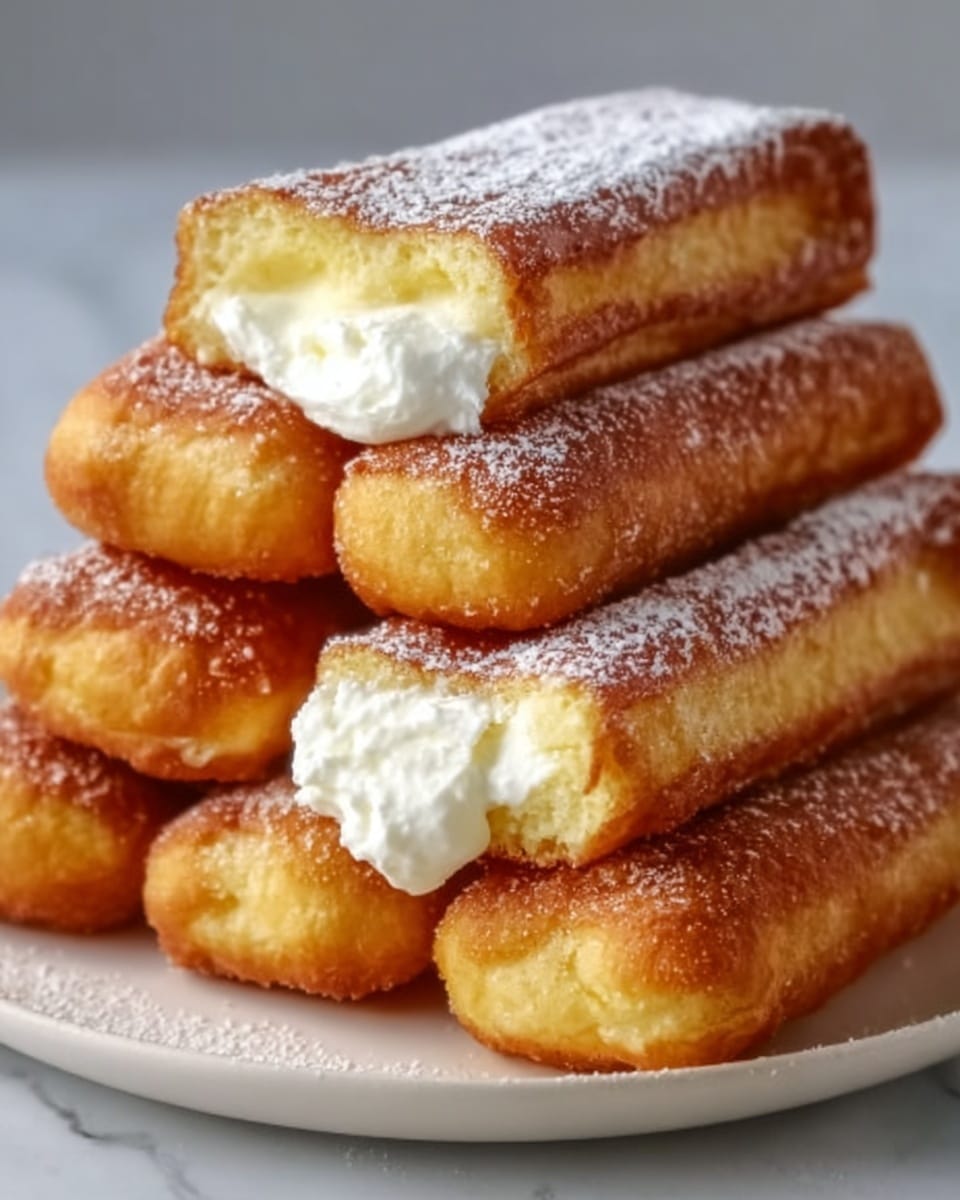 A stack of six golden-brown fried sticks arranged neatly on a white plate with a white marbled surface background. The sticks have a crispy outside with a soft yellow inside, and one is cut open to show the filling of white cream bursting out from the center. The top stick is dusted lightly with powdered sugar, giving it a delicate shimmer. The texture looks crunchy outside and smooth inside. photo taken with an iphone --ar 4:5 --v 7