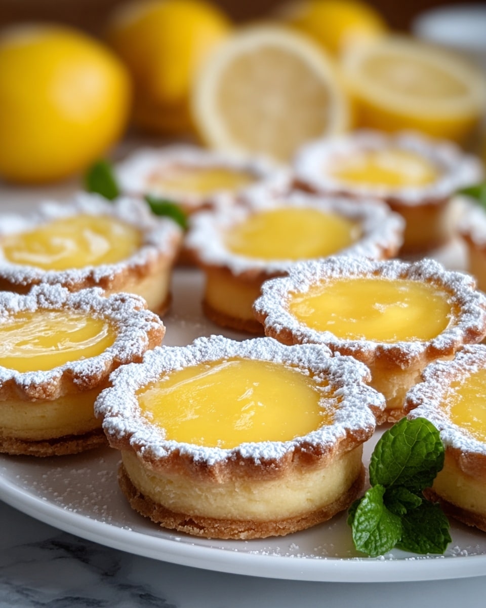 The image shows multiple lemon curd tartlets arranged on a white plate with a scalloped edge, placed on a white marbled background. Each tartlet has three visible layers: the bottom layer is a thin, light golden-brown pastry crust; the middle layer is a thick, smooth, pale yellow lemon curd filling; and the top layer is a slightly darker golden-brown pastry lid with a scalloped edge. The top of each tartlet is dusted with a light dusting of white powdered sugar, adding a soft texture contrast. A small green leaf garnish is visible near one tartlet, adding a touch of color to the scene. Photo taken with an iphone --ar 4:5 --v 7